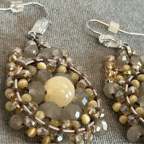 TAUPE tan brown cream beaded crystal rhinestone circular bohemian style earrings - Picture 3 of 8